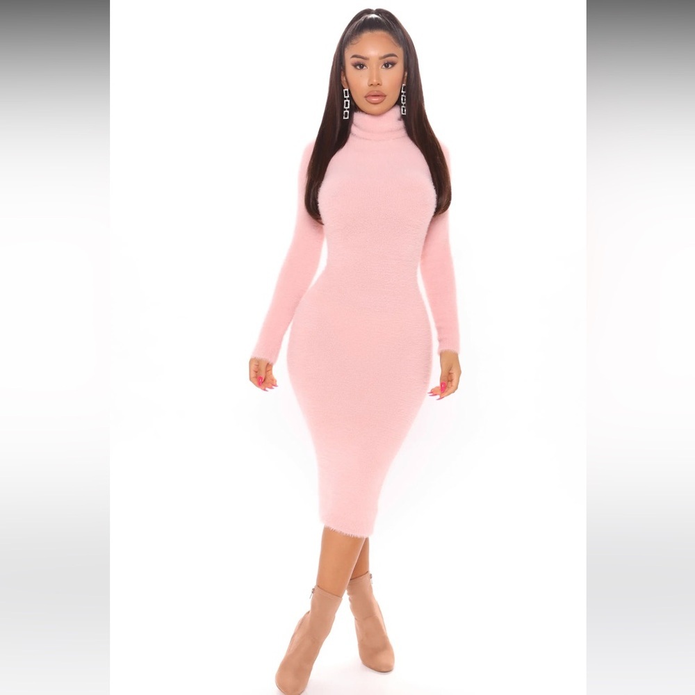 NWT! Fashion Nova Light Pink Fuzzy Knit Midi Turtleneck Bodycon Sweater Dress XS